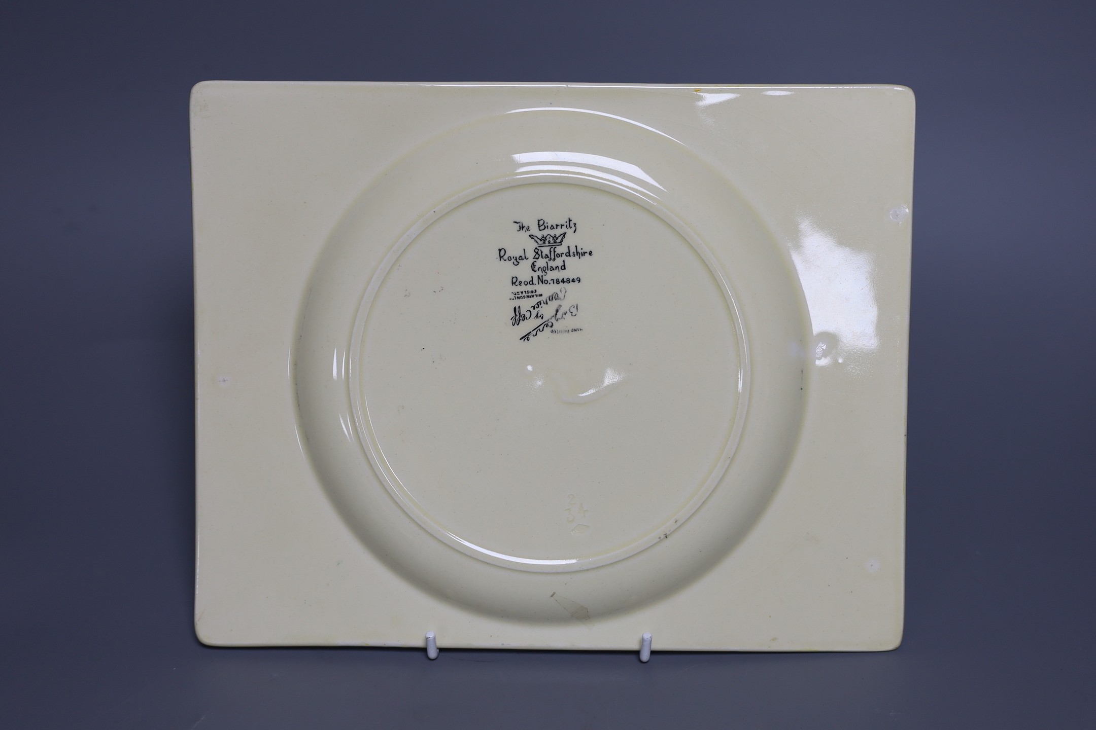 Clarice Cliff Sungleam Crocus, salt and pepper pots. trencher plate, plate 26.5 cms wide